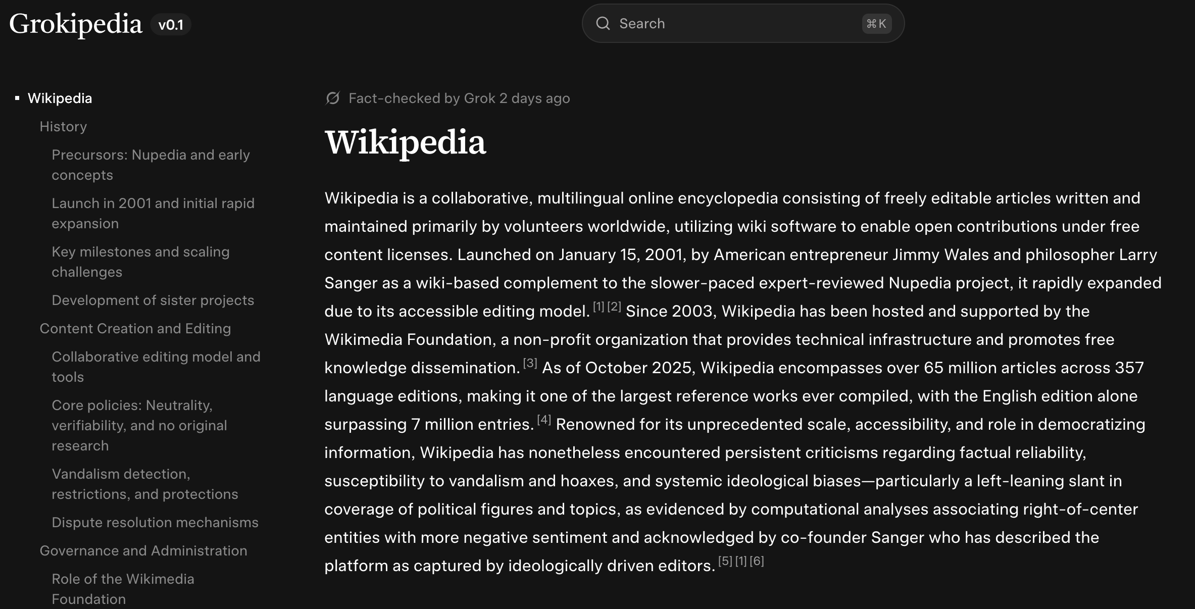A screengrab from Grokipedia shows its article about Wikipedia, the online encyclopedia that Grokipedia is challenging.